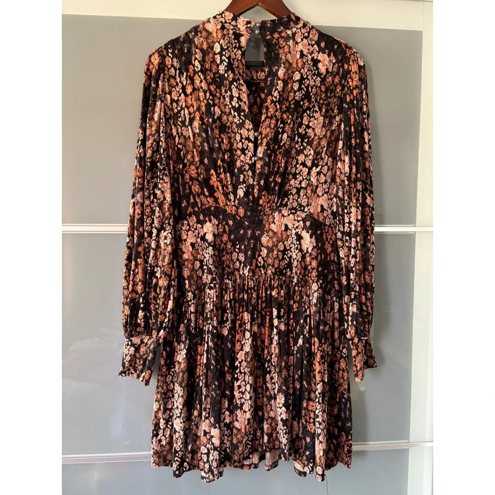 Free People Heartbeats Floral Mini Dress Long Balloon Sleeve Black Dark Academia